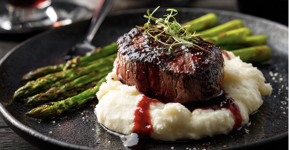 steak and mashed potatoes plate